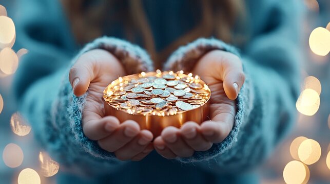 Income family concept. A person holds a shimmering round dish filled with coins, surrounded by soft bokeh lights, evoking a sense of warmth and generosity.