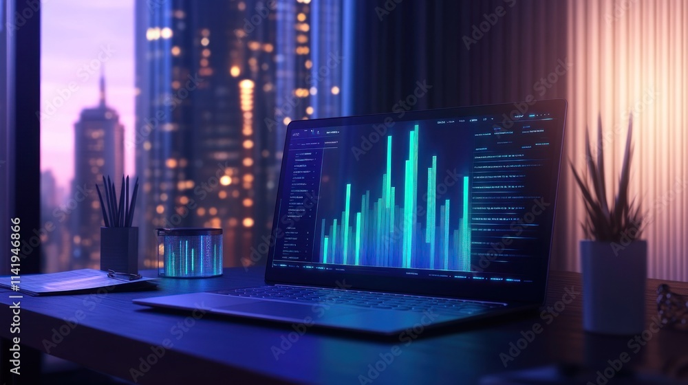 Aufkleber laptop displaying code analysis, desk view, city lights.
