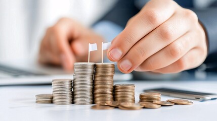Income family concept. A business professional arranging coins with flags, symbolizing investment growth and financial strategy.