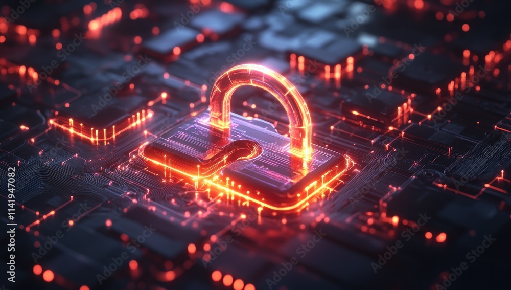 Poster open glowing padlock on circuit board.