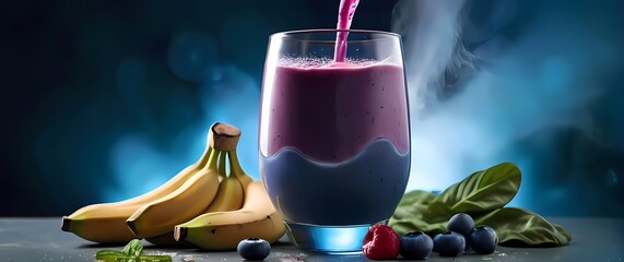 Dynamic shot of a protein packed recovery smoothie being poured into a glass with vibrant ingredients like bananas blueberries and spinach surrounding it. 