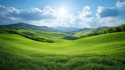 Fototapeta premium A serene landscape featuring rolling green hills under a bright blue sky, dotted with fluffy clouds and illuminated by sunlight.