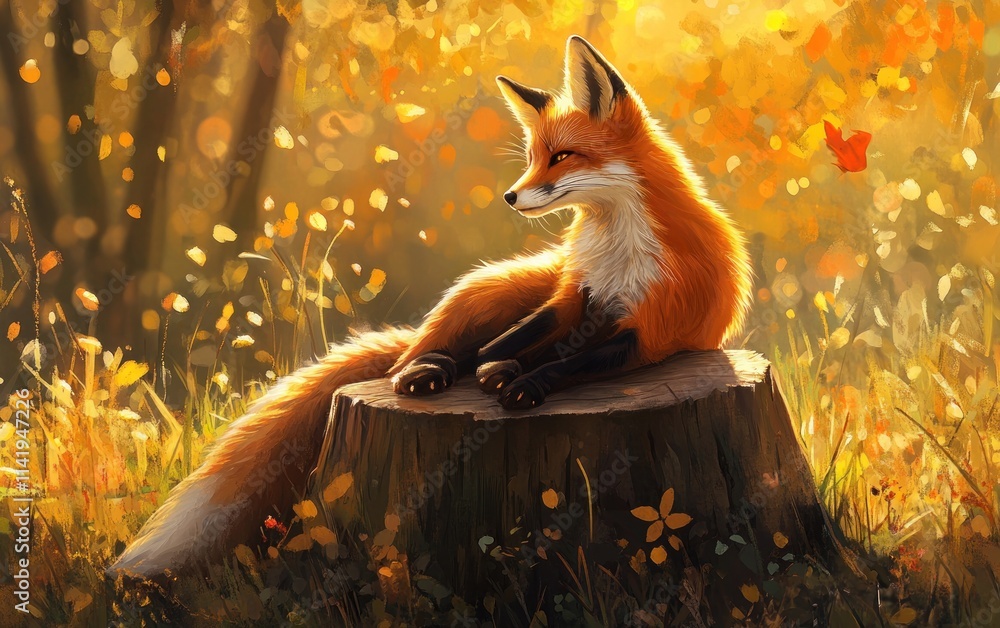 Poster fox perched on a tree stump in golden autumn light.