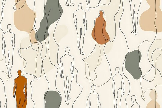 A line-art design of human figures drawn with thin black lines, filled with solid colors in soft earth tones like sand, olive, and rust