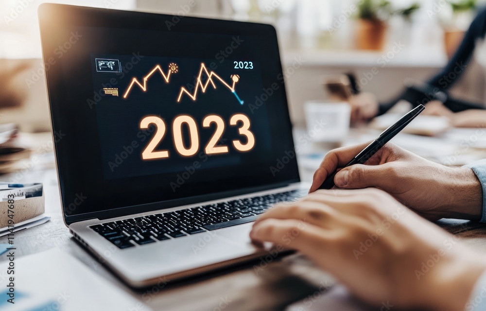 Poster Hands using a laptop showing 2023 financial graph.