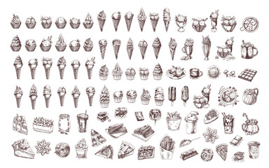 Vintage hand-drawn sweets and desserts sketch collection for retro designs