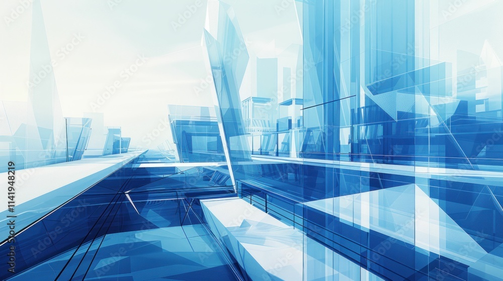 Aufkleber abstract futuristic cityscape with translucent geometric shapes in shades of blue, creating a sense 