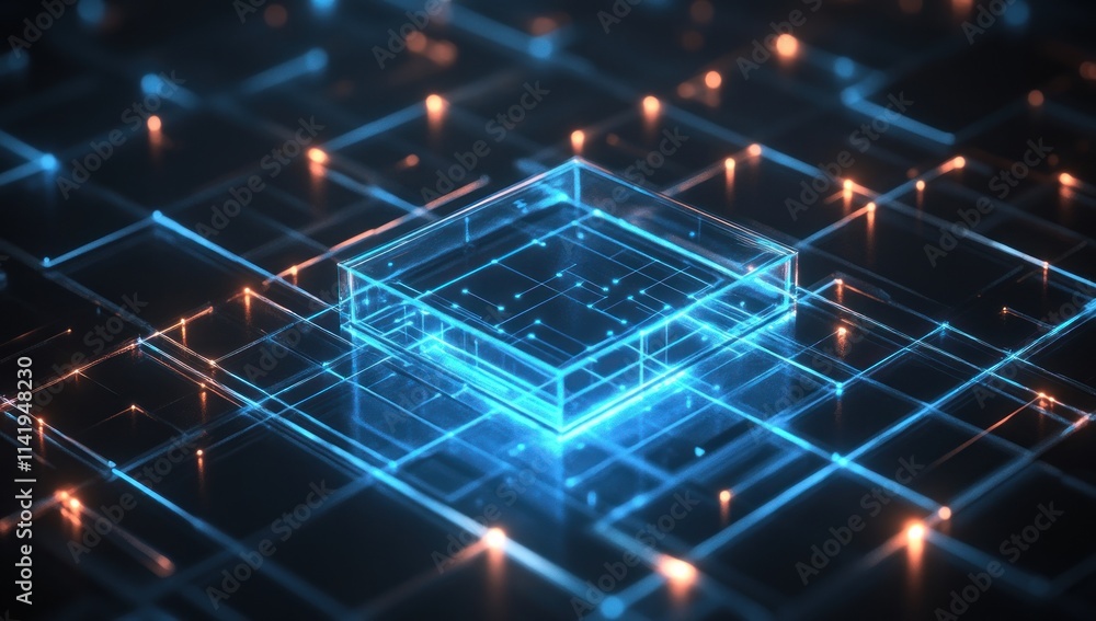 Poster Futuristic circuit board with glowing lines and nodes.