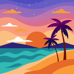Serene Beach Sunset Scene with Swaying Palms and Reflected Ocean Waves