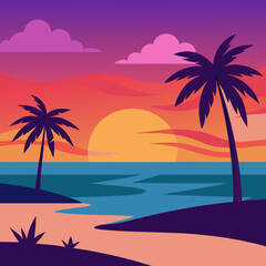 Serene Beach Sunset Scene with Swaying Palms and Reflected Ocean Waves
