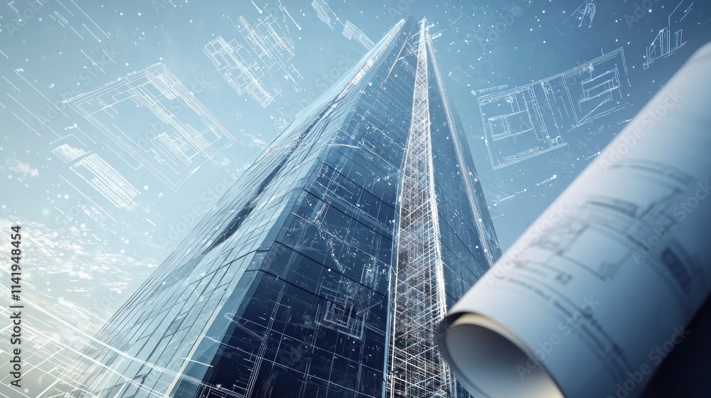 Poster skyscraper blueprint with structure, technical drawings.