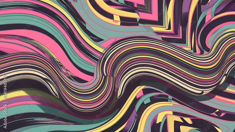 Poster multicolored wavy line primitive geometric elements