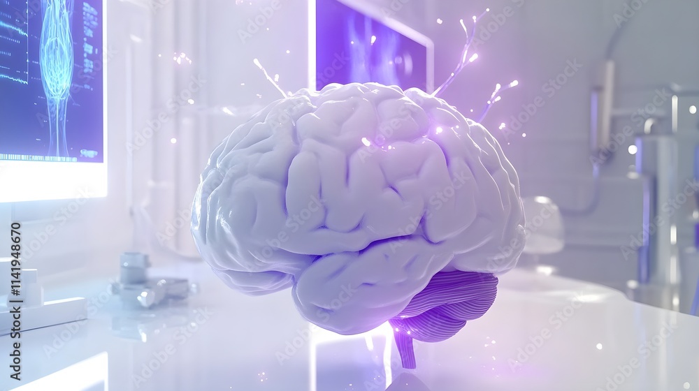 Poster a futuristic digital representation of a brain, glowing with energy and surrounded by technology, sy