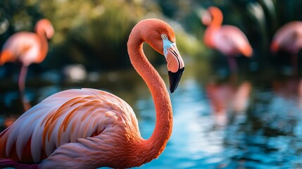 Flamingo is standing in a body of water. The flamingo is the main focus of the image, and it is the most prominent element. The water is blue, and the background is green