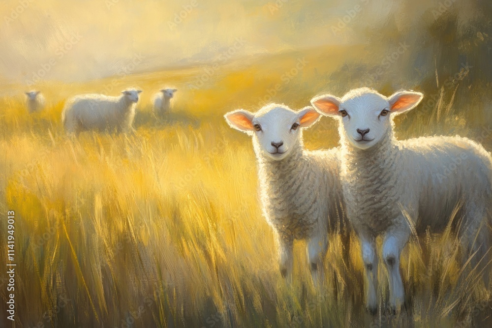 Poster two lambs stand in a golden field with more lambs blurred in background.