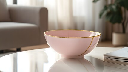 Pink porcelain bowl with gold seams on a minimalist coffee table, merging ancient Japanese craftsmanship with modern living room aesthetics