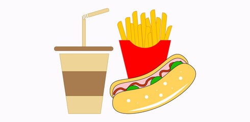 A fast food meal consisting of a drink with a straw, a box of French fries, and a hot dog with toppings, representing quick, convenient meals.