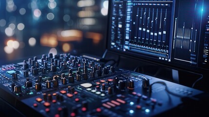 Professional audio equipment on a stage, with glowing lights and a focus on sound technology