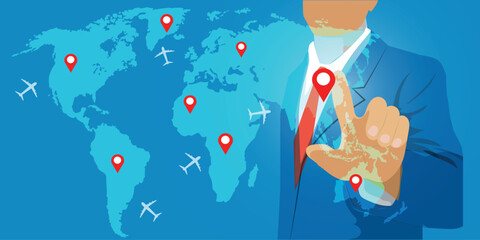 Businessman touch on screen for world business travel transport. Businessman traveling concept