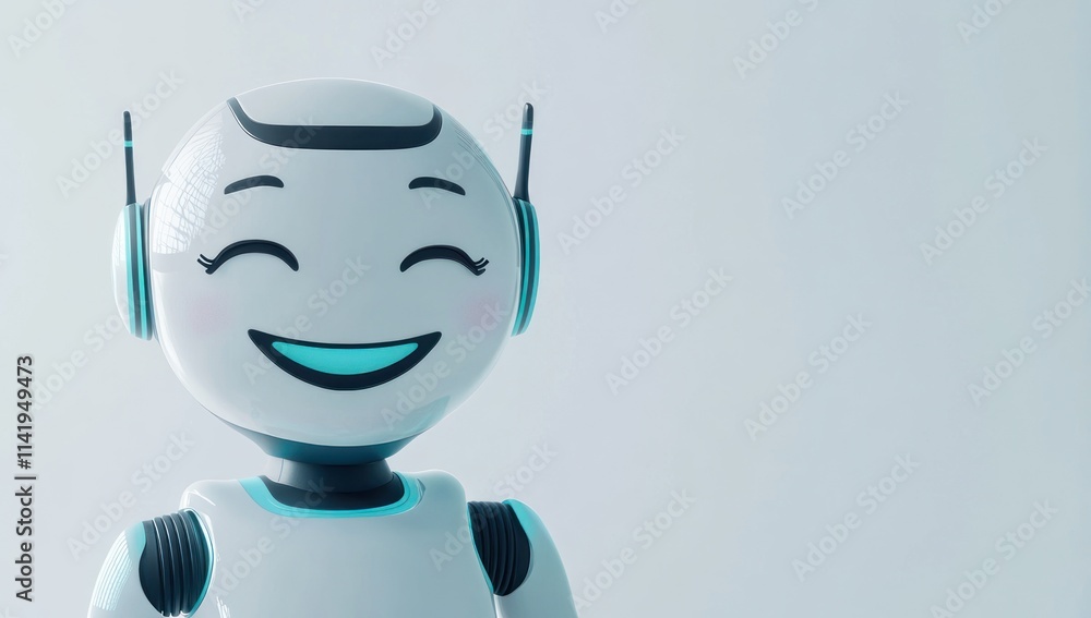 Poster happy white robot with smiling face and turquoise highlights.