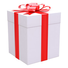 White gifts box with red ribbon isolated on transparent background