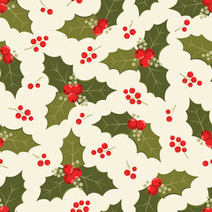 Seamless pattern with holly berries and leaves on a light yellow background.