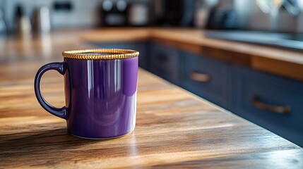 Purple ceramic mug with gold seams on a cozy wooden counter, showcasing the union of ancient Japanese techniques with contemporary kitchen style