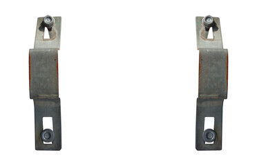 Handle. Metal mounting clamp, screw, attachment to beam and metal, pipe. On isolated transparent background.