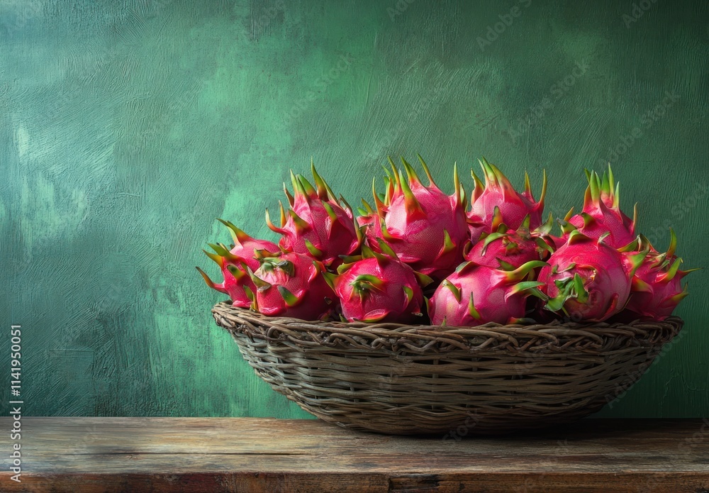 Poster dragon fruits in wicker basket on wooden table with textured green backdrop.