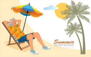 senior man relaxes on Lounge Chair, under beach umbrella at the beach summer holiday Vacation for banner, poster web design. vector
