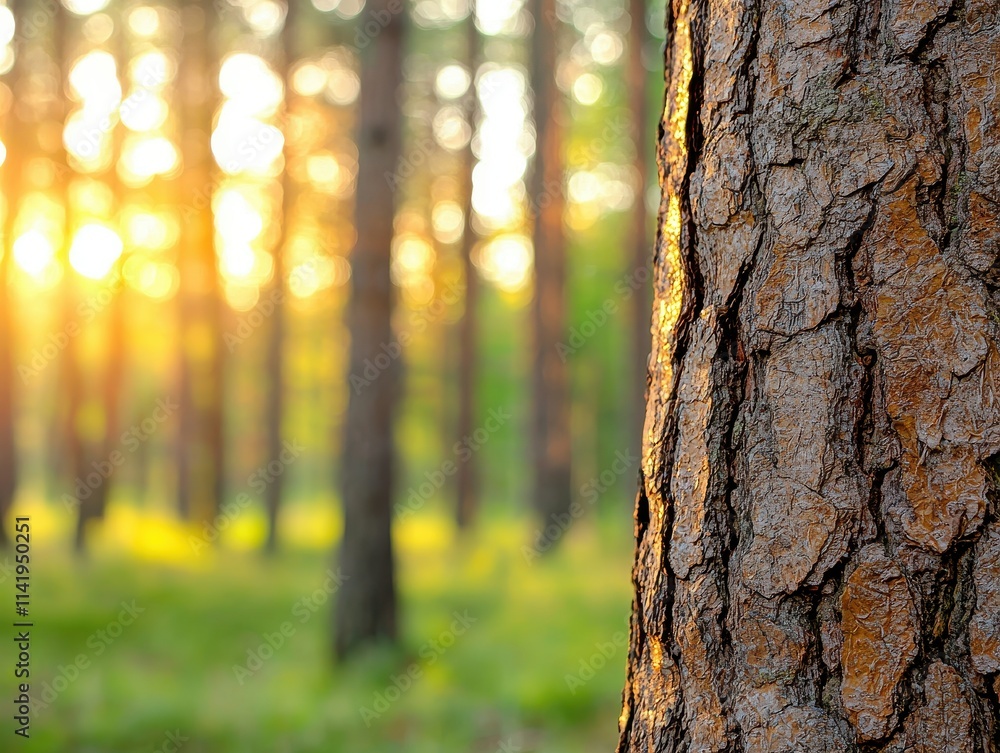 Poster a close-up view of a textured tree trunk, with a sunlit forest background creating a serene, natural