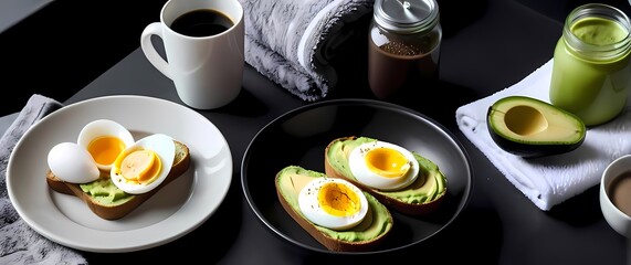 Flat lay of a sporty breakfast spread avocado toast boiled eggs black coffee and a tub of whey protein with a gym towel and watch nearby
