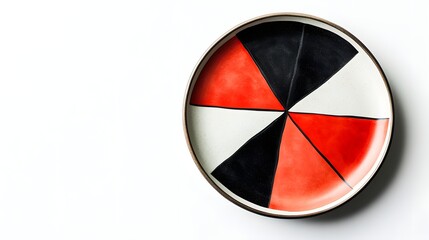 Red and black abstract geometric shapes on a ceramic plate isolated on a clean white background, blending bold colors with geometric art