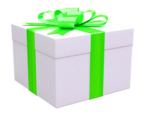 White gifts box with green ribbon isolated on transparent background