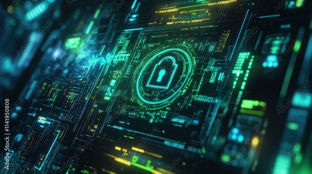 Aufkleber cyber security padlock icon on circuit board background.