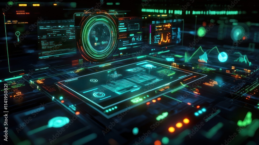 Poster Futuristic control panel with vibrant display screens.