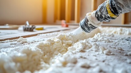 Home insulation is vividly portrayed as a worker carefully applies foam, enhancing energy efficiency. The warm tones evoke a sense of comfort and progress.