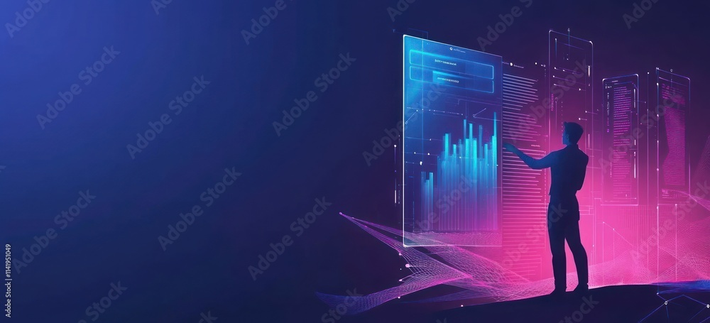Aufkleber Person interacts with futuristic data interface in vibrant environment.