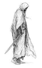 Mysterious medieval Arab knight walking. Full length view. With medieval sword. Doodle line art. pencil sketch, Pencil drawing. Transparent background PNG. 