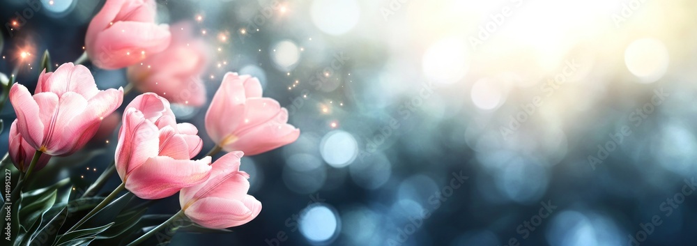 Aufkleber pink tulips with bokeh background and golden sparkles.