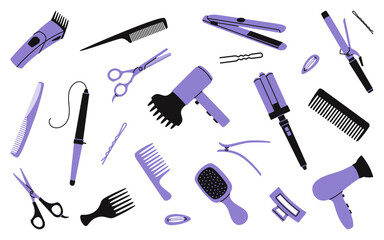 Set of hairdressing and hair styling tools, including combs, scissors, hairdryers and curling irons