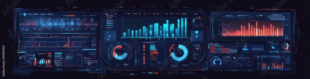 Poster Futuristic dashboard with blue-red data graphs.