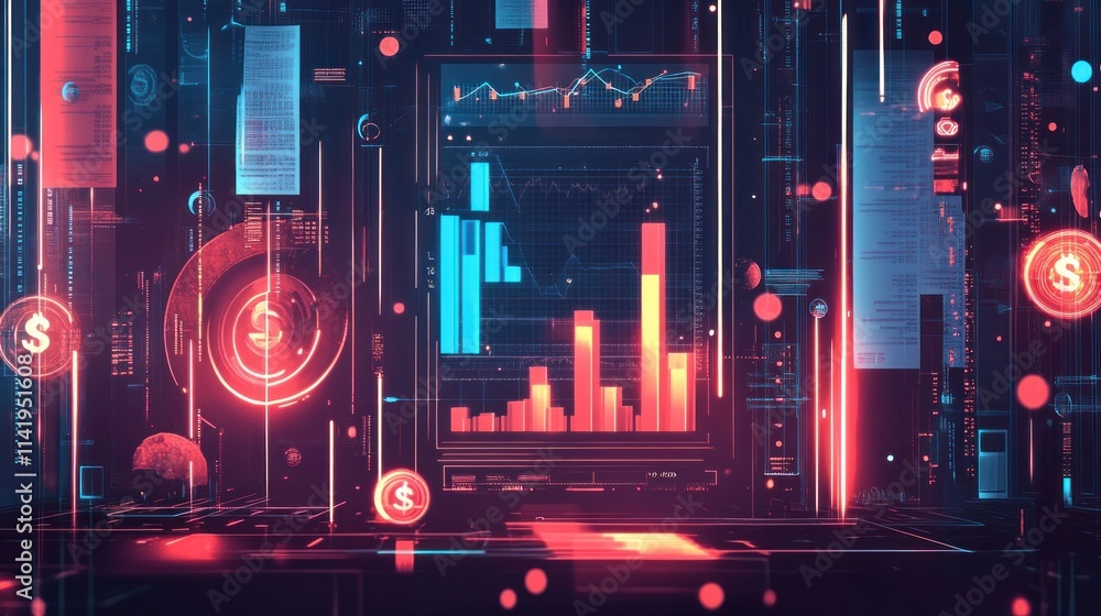 Poster Abstract digital display of graphs, data, and coin icons.
