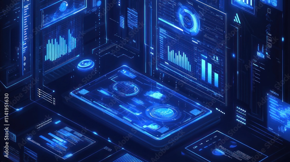 Aufkleber isometric blue digital data screens with graphs.