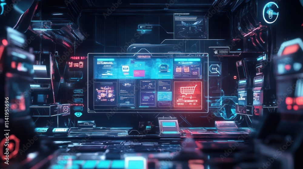 Poster futuristic control panel with glowing screens.