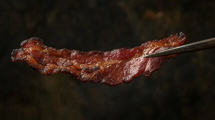 A single crispy bacon slice held up by rustic tongs, isolated against a dark, moody background