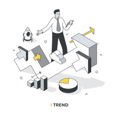 Trend Analysis. A businessman with a tablet stands behind a giant arrow, amazed by a major trend. Smaller arrows, a rocket, pie, and bar charts highlight the trend's discovery, strength, and growth