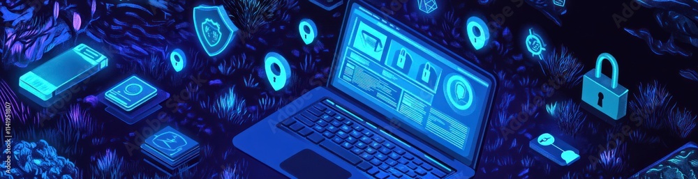 Poster digital isometric network with devices and security icons in blue.