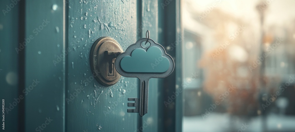Poster cloud key in lock, door slightly open.