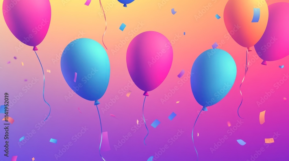 Poster colorful balloons float with confetti.